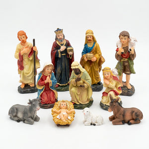 Pesebre navideño 11 figuras resina pintada mano 15cm nacimiento completo vista frontal