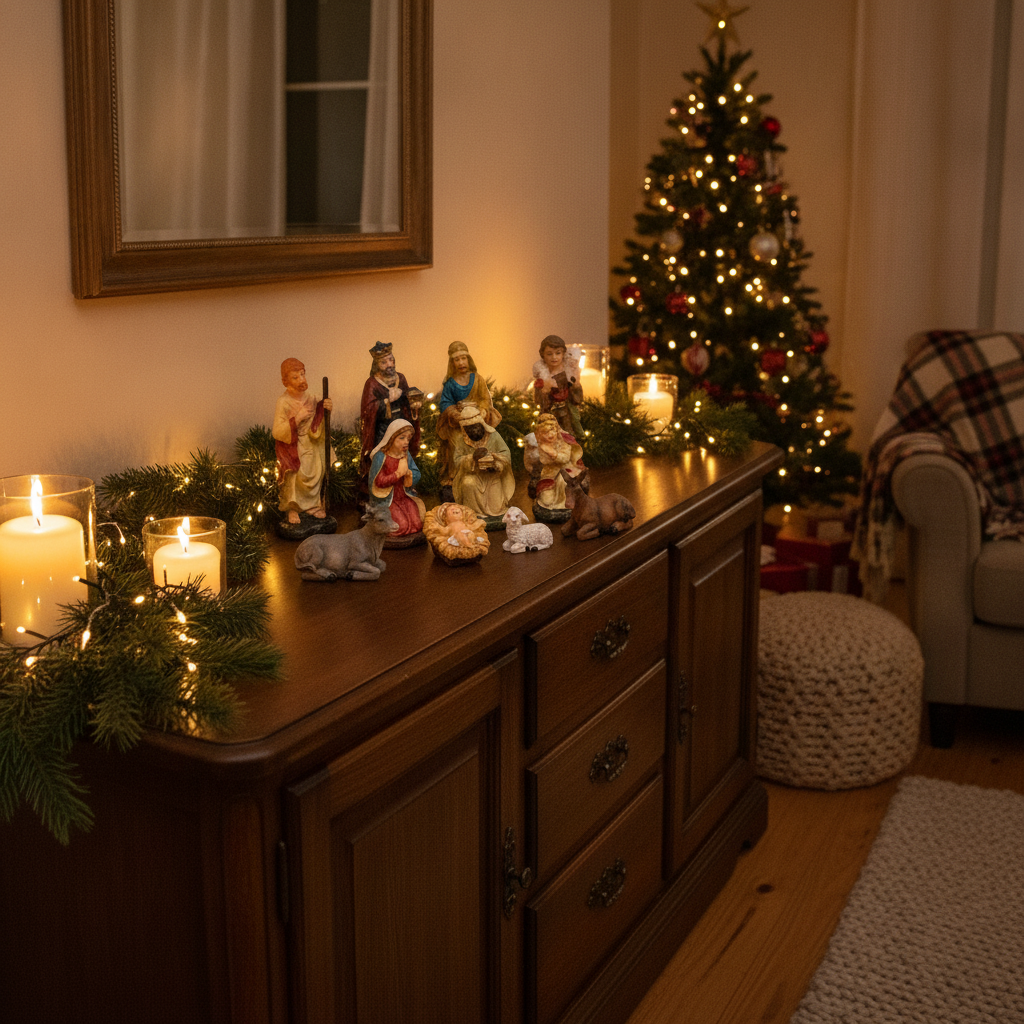 Nacimiento navideño resina 11 piezas decorando living chileno en Navidad
