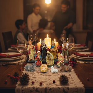 Pesebre navideño completo como centro de mesa familiar en hogar chileno Navidad