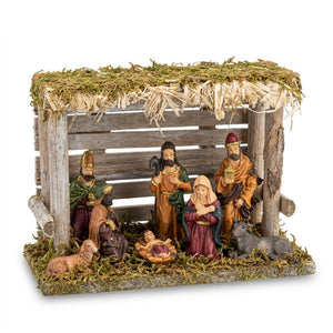 Pesebre navideño nacimiento establo figuras resina 20cm vista frontal