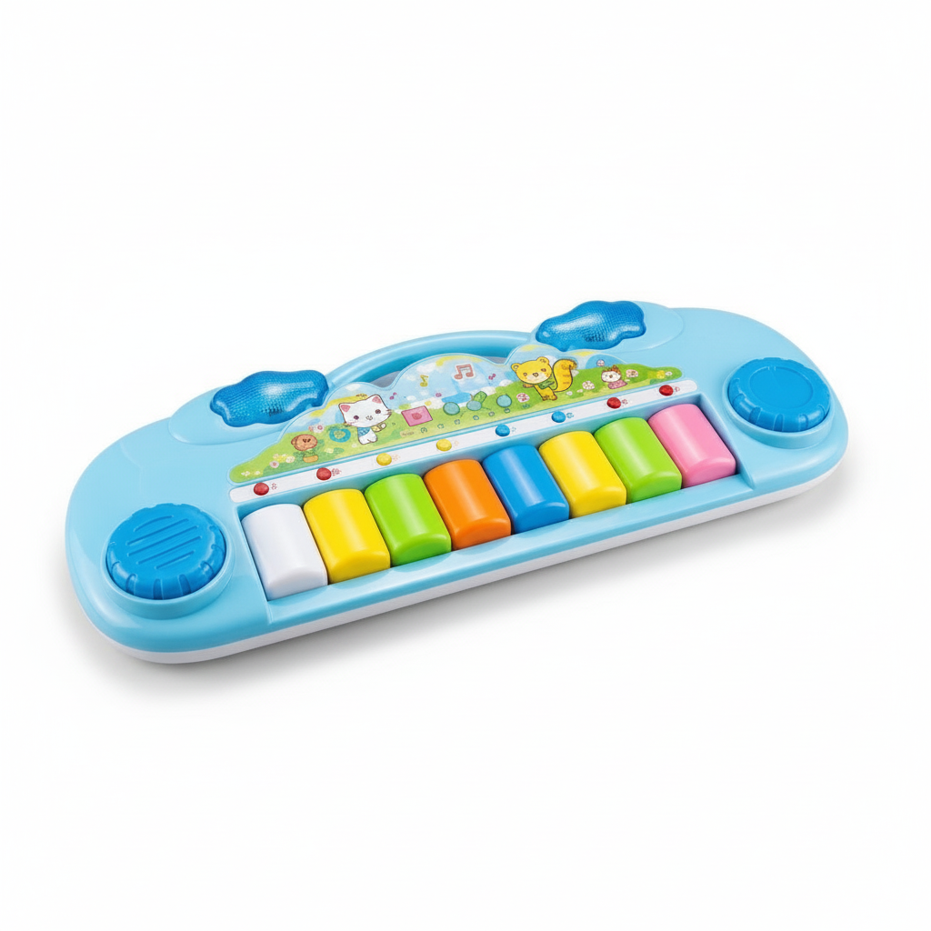 Piano musical infantil 8 teclas luces azul 43cm vista frontal fondo blanco