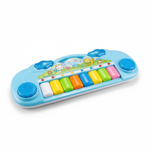 Piano musical infantil 8 teclas luces azul 43cm vista frontal fondo blanco