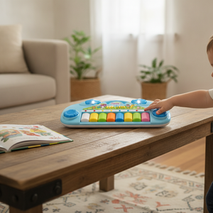 Teclado musical infantil azul sobre mesa living hogar chileno tamaño real