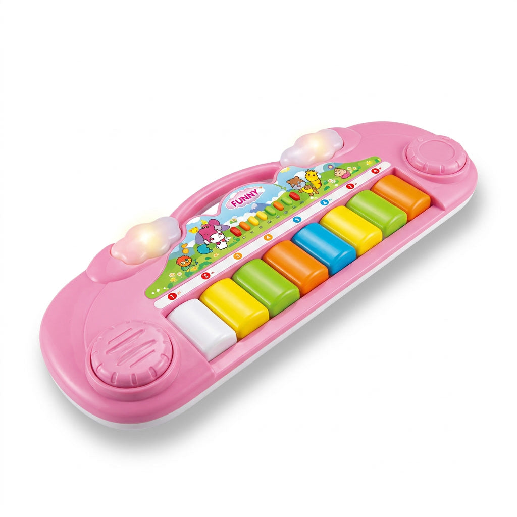 Piano musical infantil rosado 8 teclas colores vista frontal 43cm