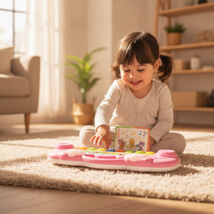 Niña tocando piano didáctico rosado con tarjetas musicales en living