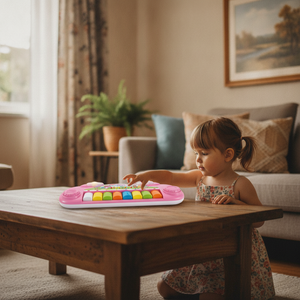 Teclado infantil rosado sobre mesa living hogar chileno teclas colores