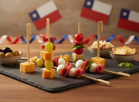 Pinchos bambú bandera con carne asada en quincho chileno asado exterior