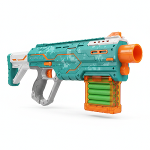 Pistola dardos eléctrica juguete niños azul naranja 20 proyectiles vista frontal