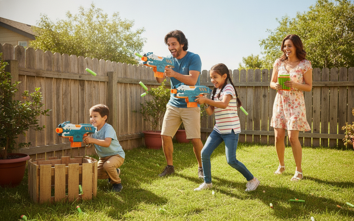 Niños jugando batalla dardos espuma patio hogar chileno pistola juguete
