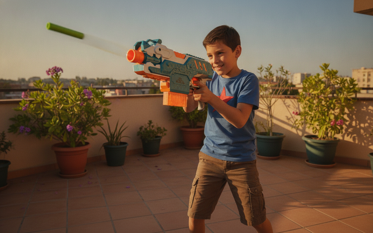 Niño apuntando pistola dardos eléctrica juguete terraza casa chilena