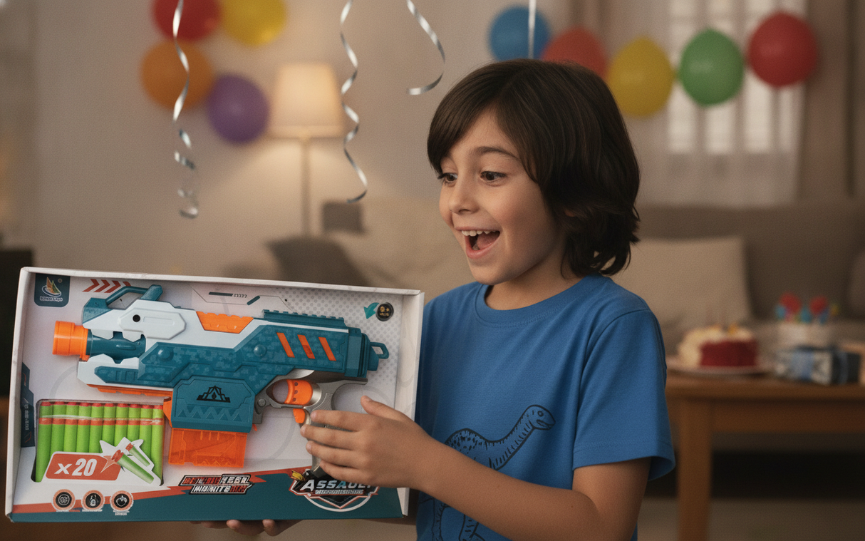 Niño recibiendo regalo pistola dardos eléctrica living hogar chileno