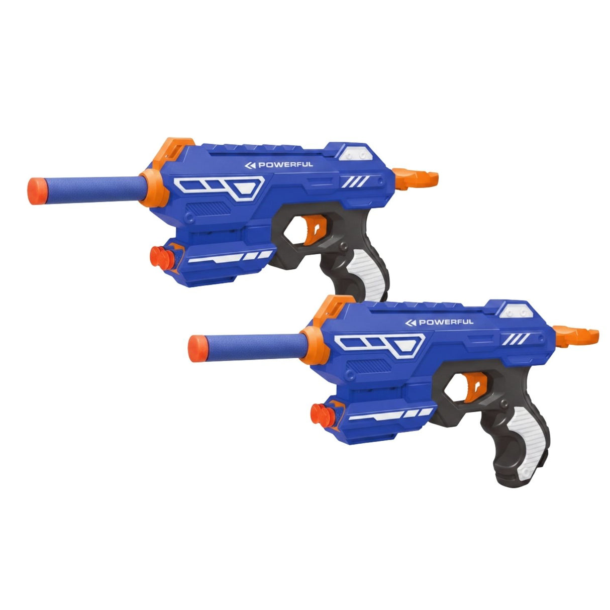 Pistola juguete dardos blandos EVA azul naranja 23.5cm vista frontal