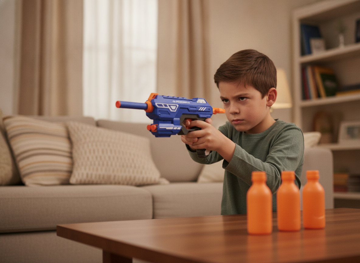 Niño apuntando pistola juguete dardos blancos sala de estar