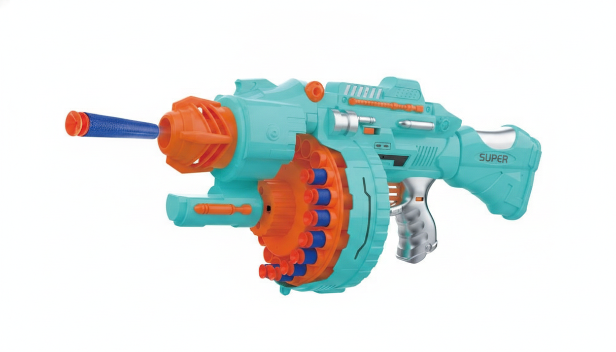 Pistola juguete dardos blandos Blaze Pioneer Gatling turquesa naranja vista frontal
