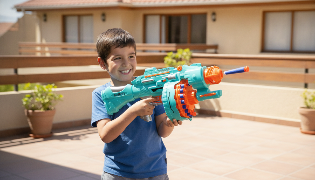 Niño chileno jugando con pistola dardos foam en terraza al aire libre