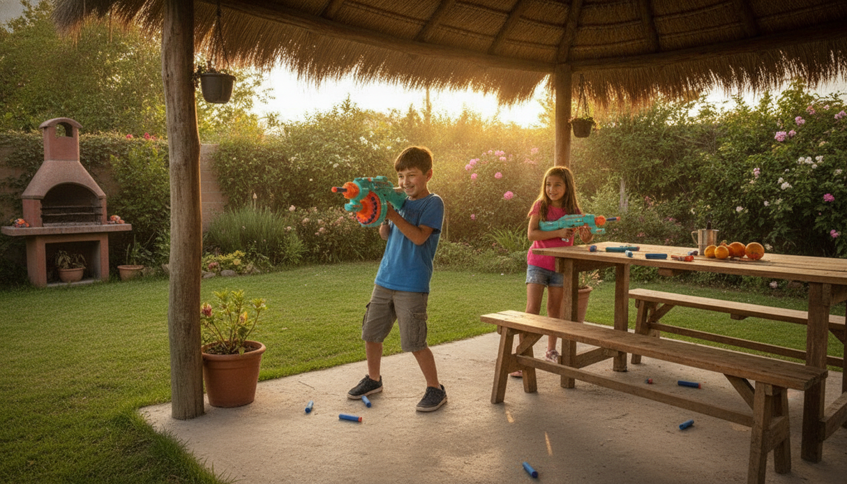 Niños chilenos jugando con rifle juguete dardos blandos en patio quincho