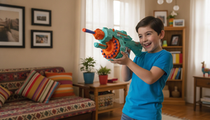 Niño apuntando pistola juguete dardos Gatling en living hogar chileno