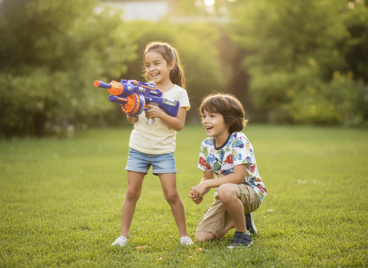 Niños chilenos jugando con pistola de dardos blandos en patio exterior