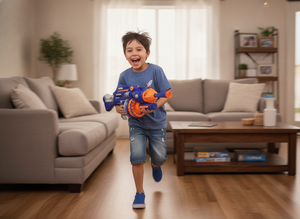 Niño chileno corriendo con rifle juguete dardos foam eléctrico en casa