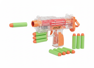 Pistola juguete dardos blandos UZI transparente naranja 6 balas EVA vista frontal
