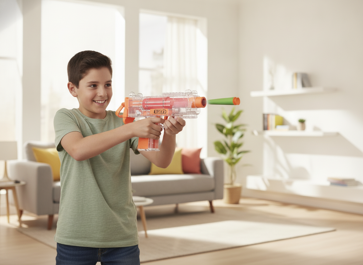 Niño chileno jugando con pistola juguete dardos blandos UZI en living moderno