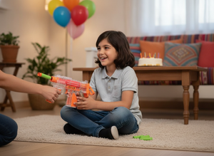 Niño recibiendo pistola juguete dardos EVA como regalo cumpleaños hogar chileno