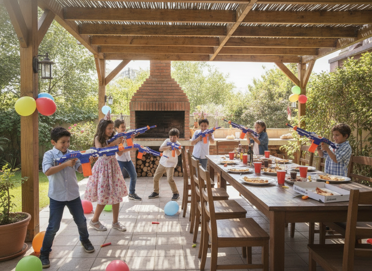 Juego con rifle dardos blandos EVA en quincho cumpleaños niños Chile