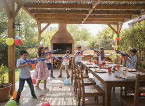 Juego con rifle dardos blandos EVA en quincho cumpleaños niños Chile