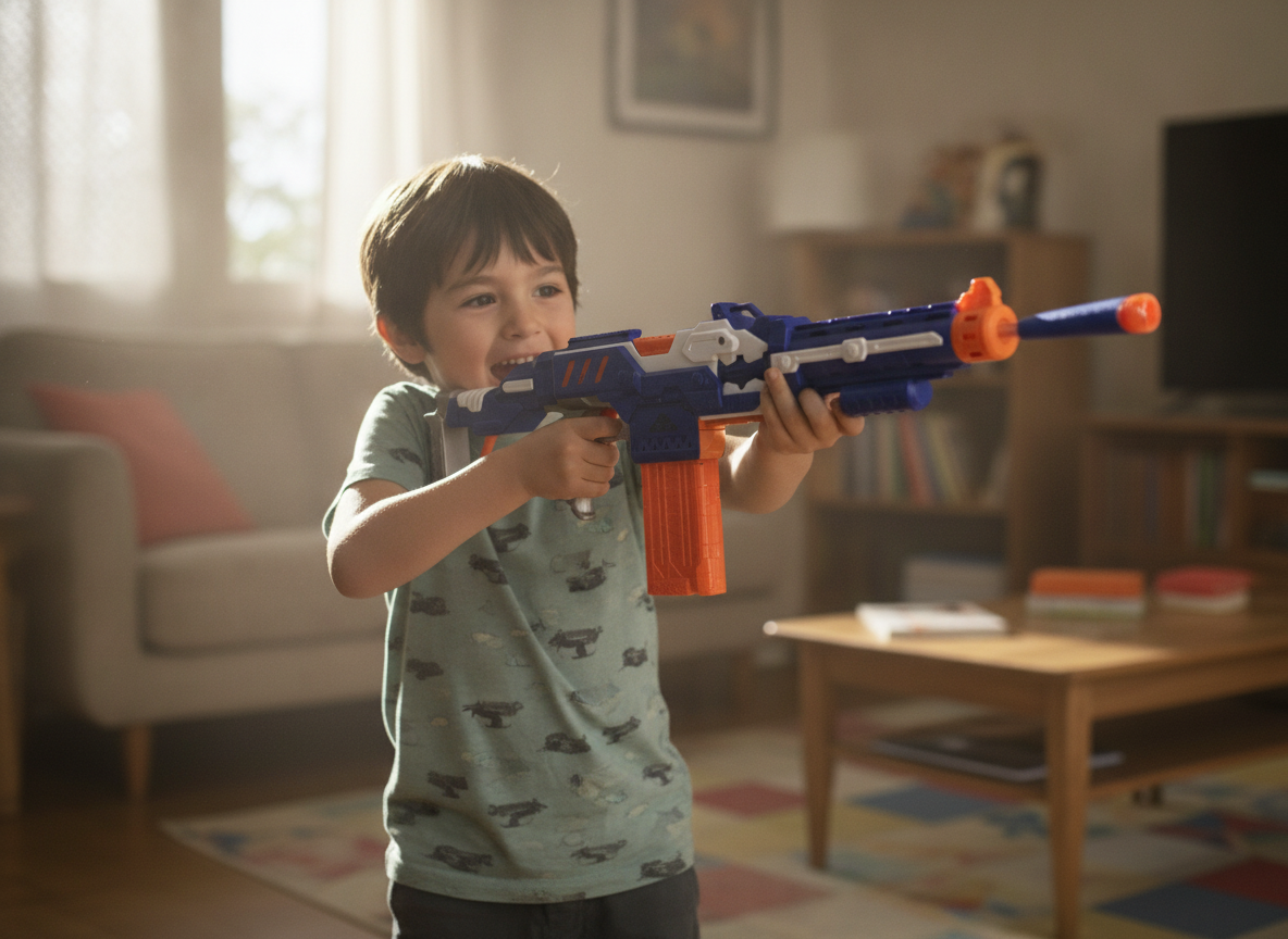 Niño apuntando pistola juguete dardos eléctrica en living hogar chileno