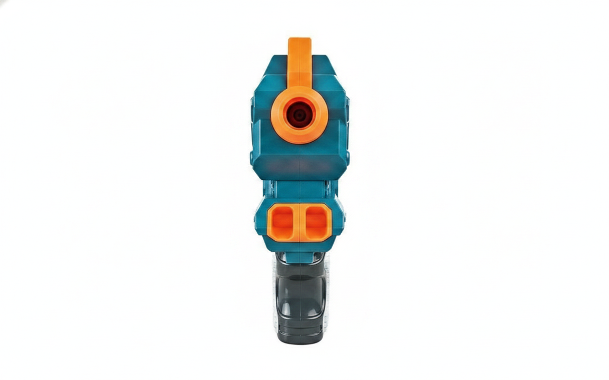 Pistola juguete dardos foam azul naranja vista frontal fondo blanco