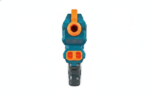 Pistola juguete dardos foam azul naranja vista frontal fondo blanco