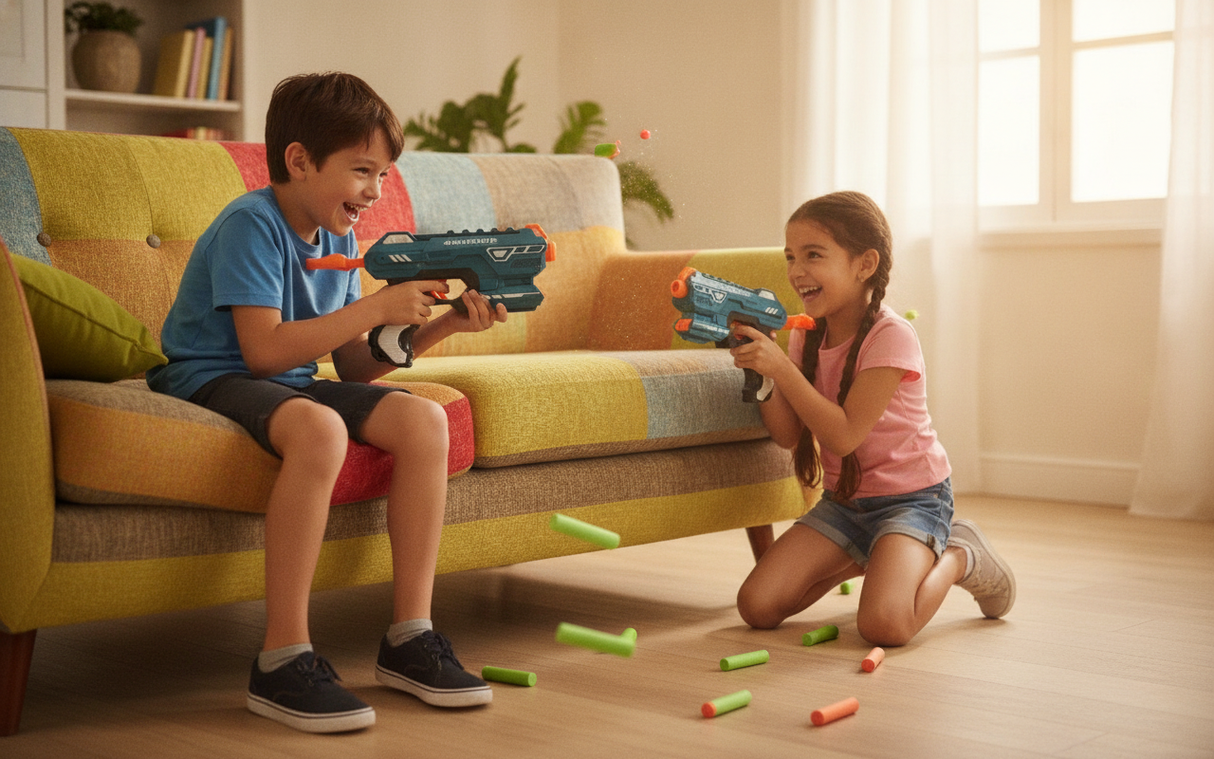 Niños chilenos batalla dardos foam en living hogar interior