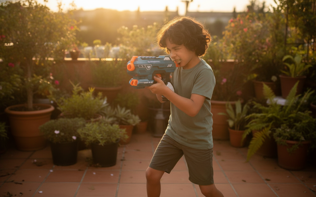 Niño apuntando pistola juguete dardos en terraza jardín chileno