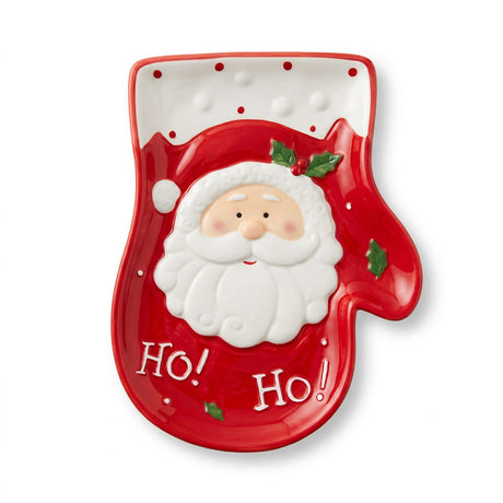 Plato decorativo navideño cerámica Viejito Pascuero forma guante rojo vista frontal