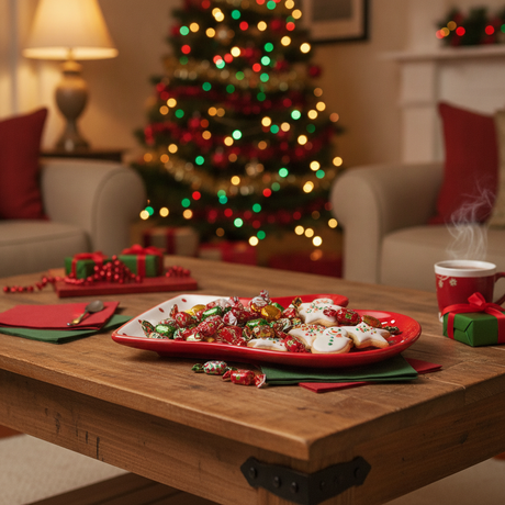 Plato navideño Santa Claus cerámica sobre mesa living chileno decorado Navidad