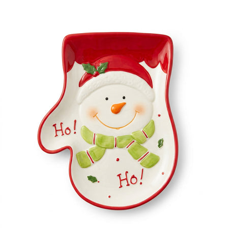 Plato decorativo navideño ceramica snowman guante rojo blanco vista frontal