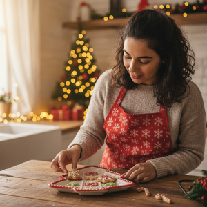 Mujer chilena sirviendo galletas en plato navideño ceramica cocina