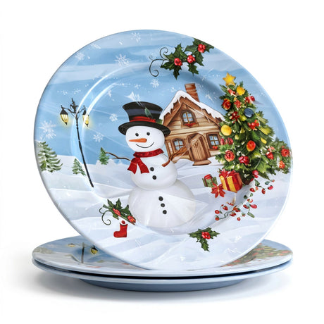 Set 3 platos decorativos navideños melamina 33cm muñeco de nieve vista frontal