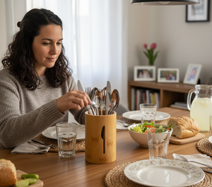 Organizador cubiertos madera bambú cocina chilena moderna mesón mármol