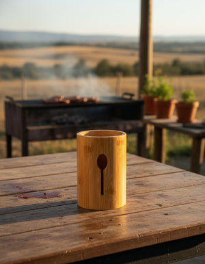 Porta cubiertos bambú en cocina moderna chilena con cubiertos adentro