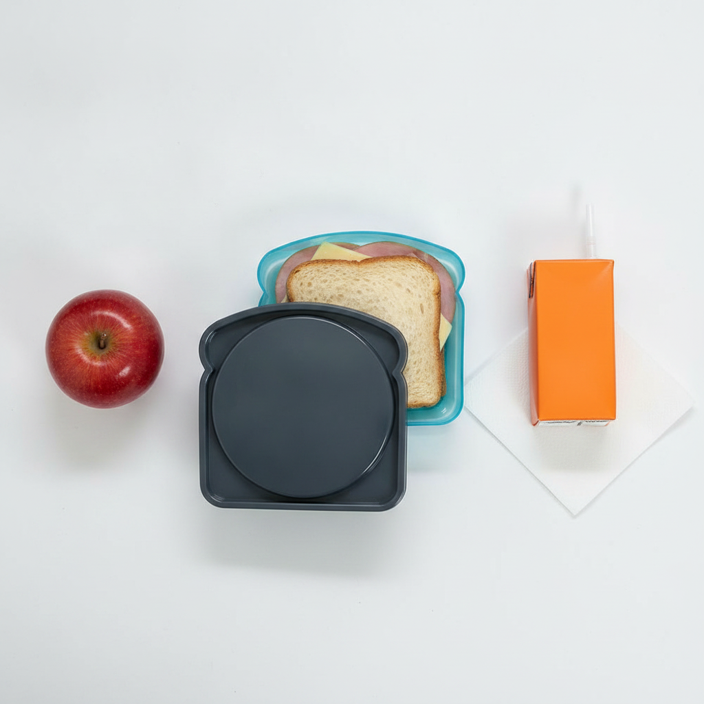 Contenedor porta sandwich Kido celeste sobre mesa de cocina chilena con frutas