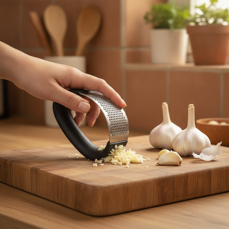 Mujer usando picador ajos roller en cocina chilena tabla de madera