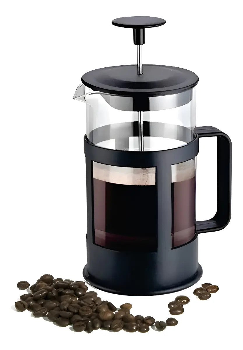Prensa francesa 350ml negra cafetera espumadora vista frontal fondo blanco