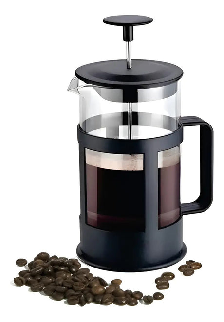 Prensa francesa 350ml negra cafetera espumadora vista frontal fondo blanco