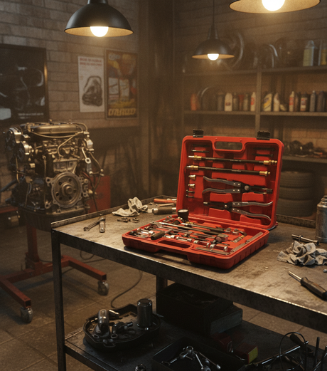 Kit herramientas mecánico taller chileno mesa trabajo prensa válvulas motor