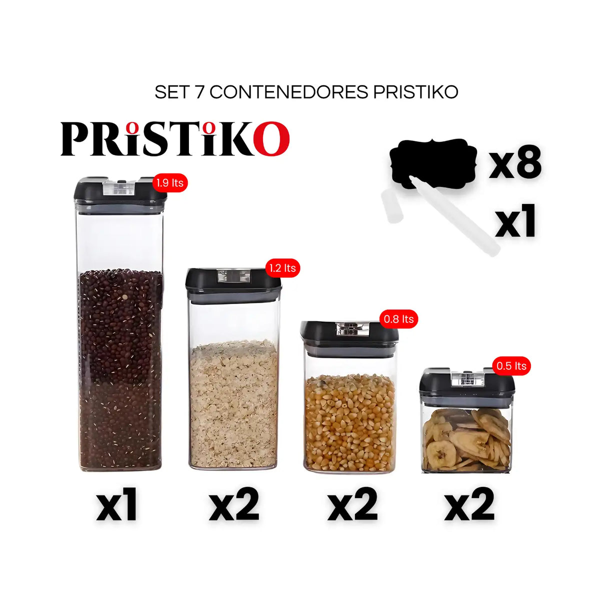 Pack 7 Recipientes Pristiko Almacenamiento Cocina Marca Chilena