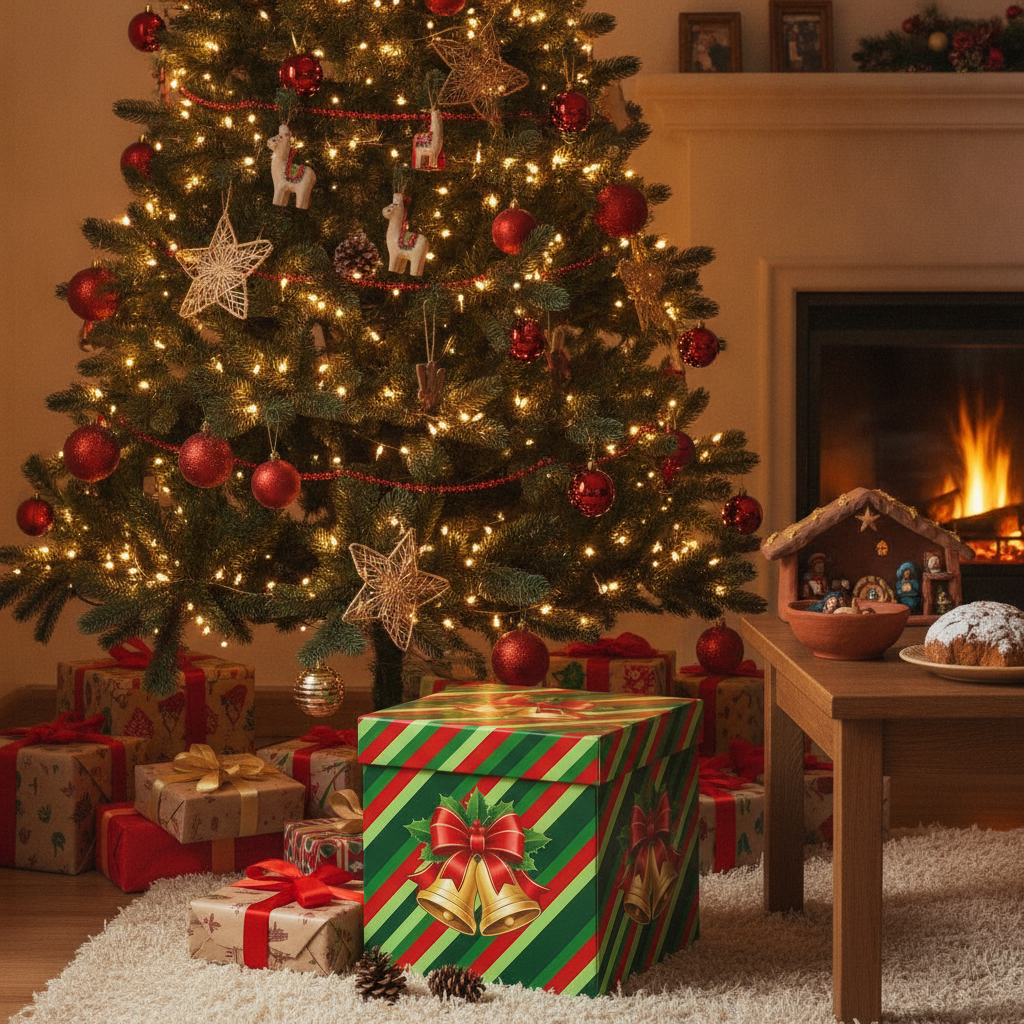 Pouf organizador plegable como regalo bajo árbol de navidad