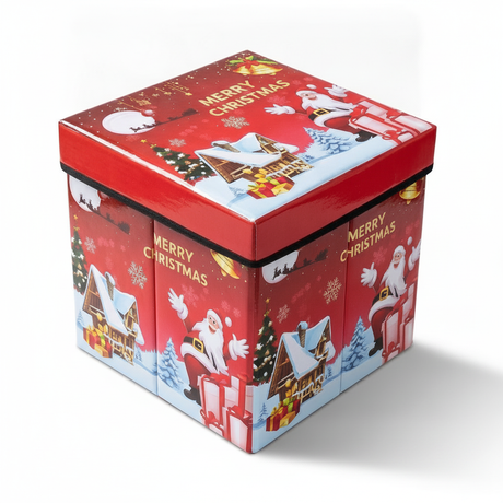 Puff navideño plegable 30x30 baúl organizador diseño Viejito Pascuero vista frontal