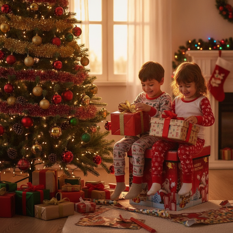 Puff navideño rojo en living chileno decorado árbol de Navidad niños sentados
