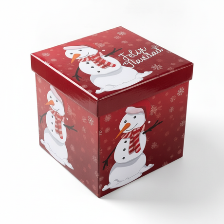 Puff navideño plegable baúl organizador muñeco de nieve rojo 30x30cm vista frontal